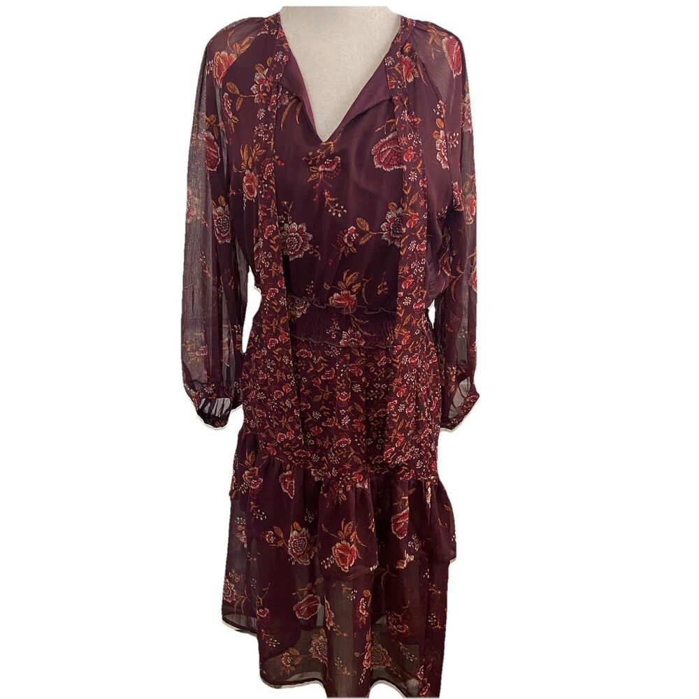 Figueroa & Flower Tiered Midi Dress Tie Neck Smocked Waist Floral Size Medium